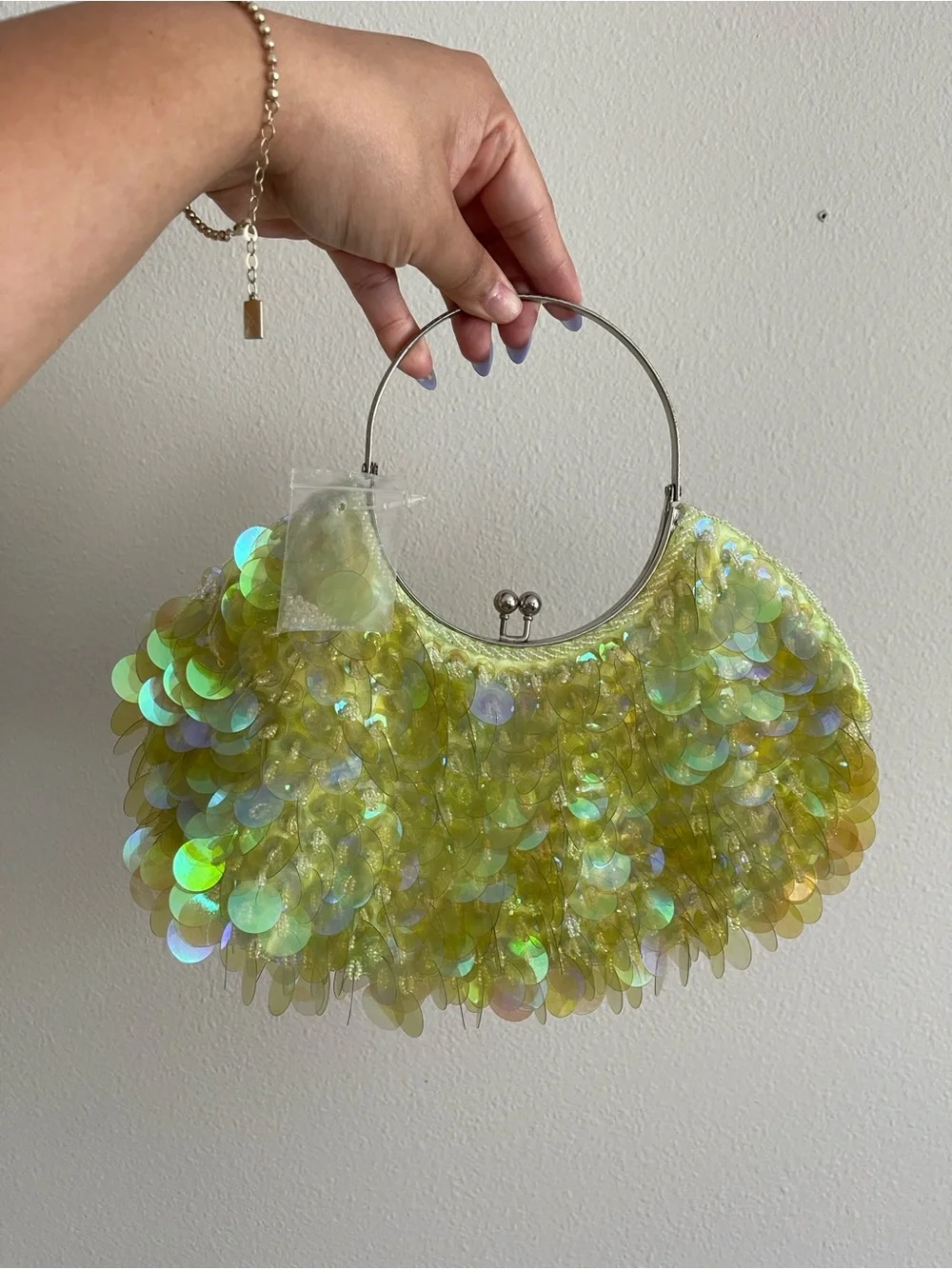 Iridescent Lime Sequin Halo Handle Clutch